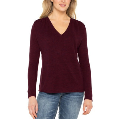 Liverpool Los Angeles - Womens Long Slv Vneck Knit Top with Shirring