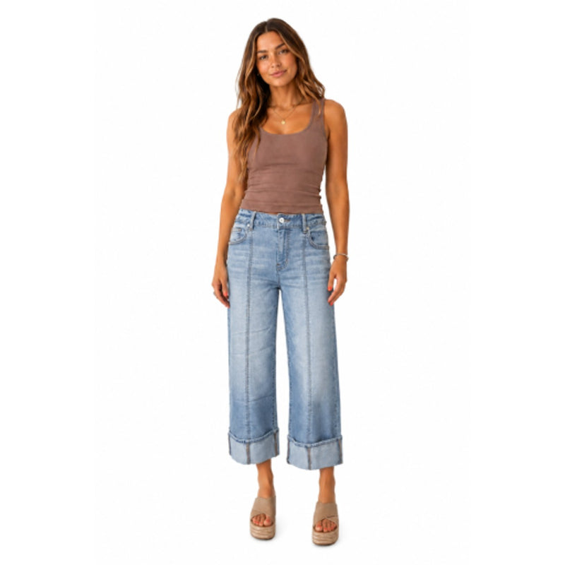 1822 Denim - Womens 26"-24" Petite Roll Cuff Wide Leg Jean with Seaming (Untacked Cuff)