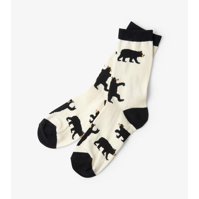 Little Blue House - Black Bears on Natural Womens Crew Socks