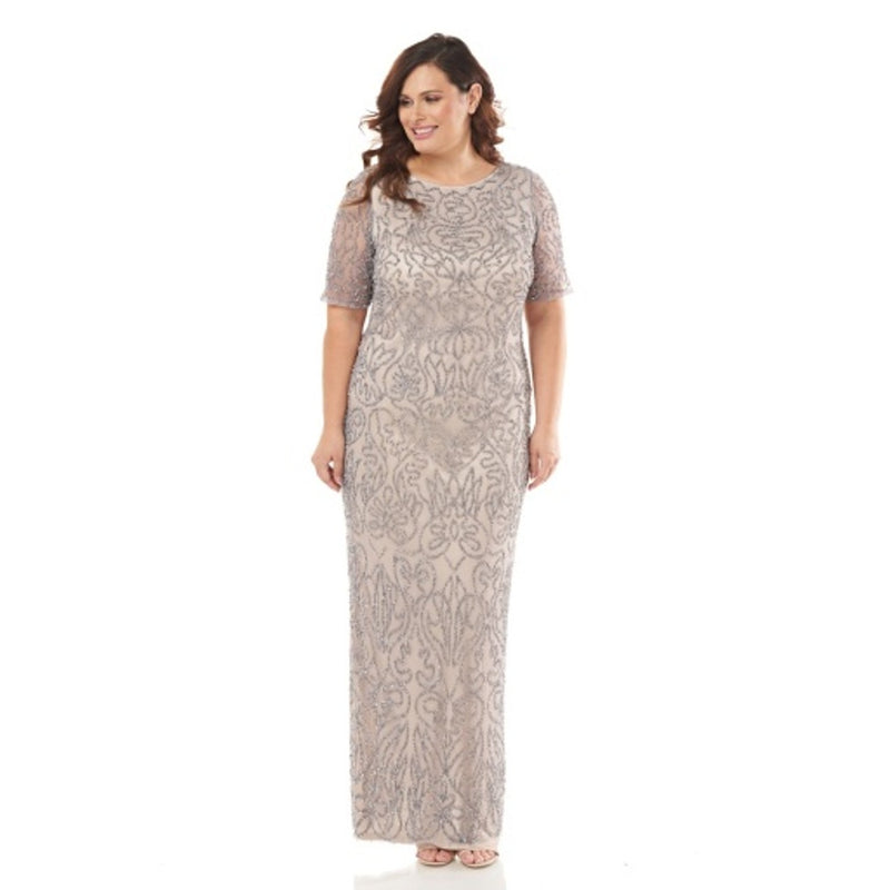 JS Collections - Womens Illusion Beaded Sleeved Column Gown