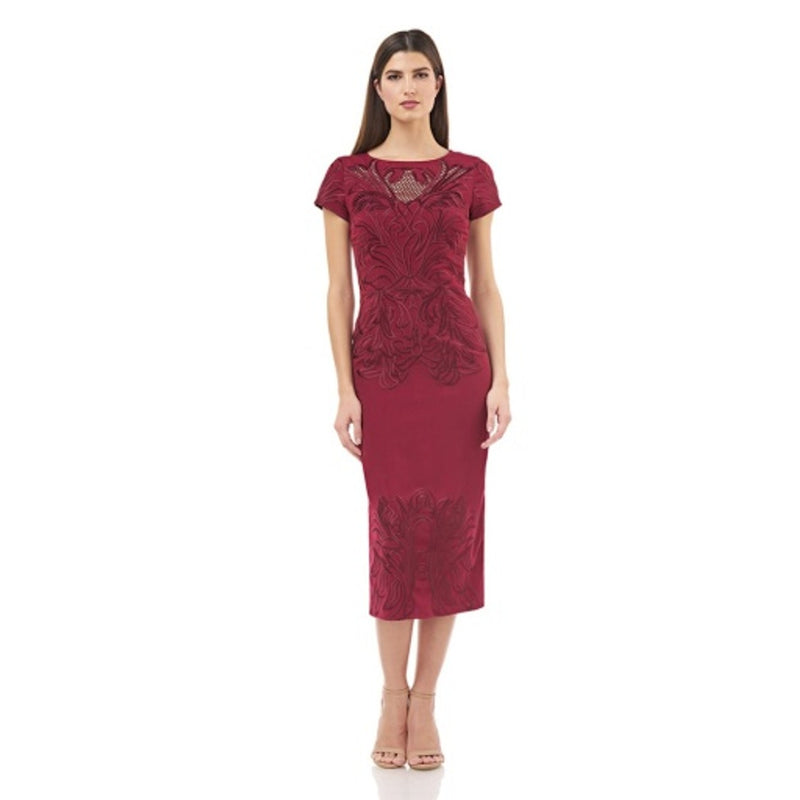 JS Collections - Womens Embroidered Stretch Crepe Midi with Cutouts in Bodice