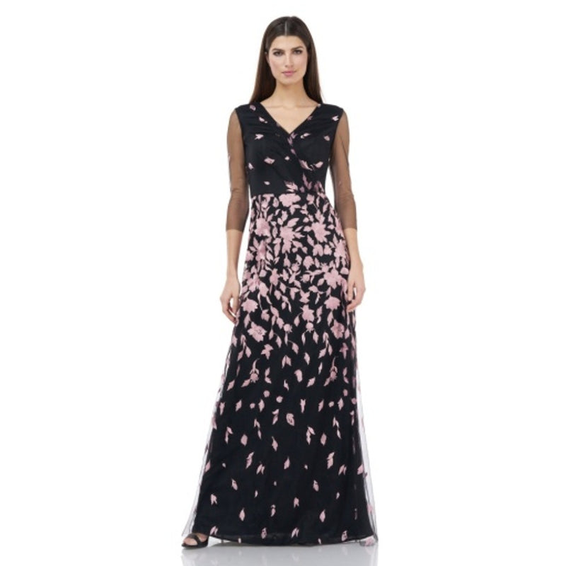 JS Collections - Womens Embroidered Mesh Surplice Gown