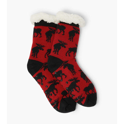 Little Blue House - Moose on Red Womens Sherpa Lined Cabin Sock