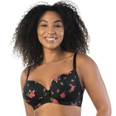 Parfait - Womens Casey Plunge Molded T-Shirt Bra - Black with Rose Print