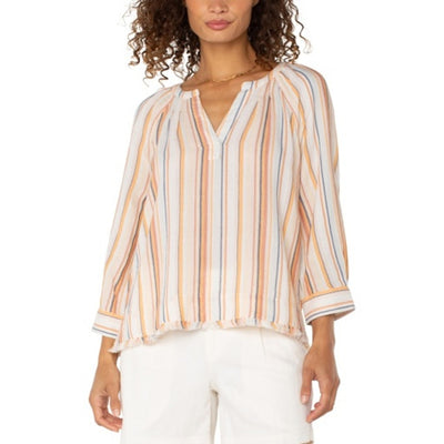 Liverpool Los Angeles - Womens 3/4 Slv Pleated Raglan Woven Top with Fray Hem