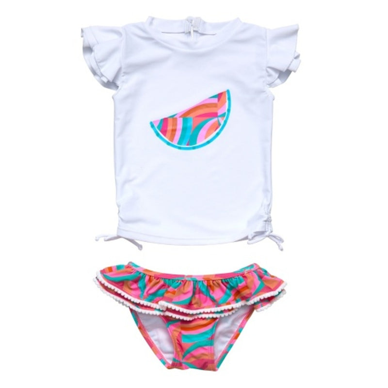 Snapper Rock - Girls Geo Melon Sustainable Short Sleeve Ruffle Set