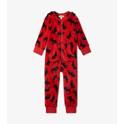 Little Blue House - Moose on Red Kids Hooded Fleece Jumpsuit