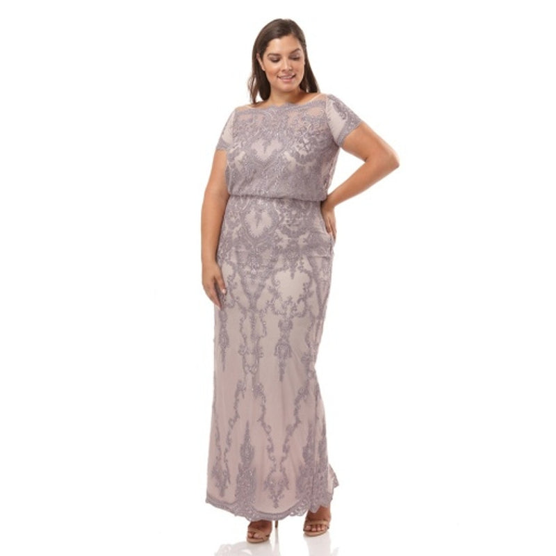 JS Collections - Womens Scalloped Embroidered Bateau Neck Blouson Gown