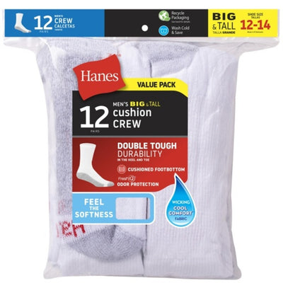 Hanes - Mens Double Tough Men's Crew Socks Shoe Sizes 12-14 12-Pairs