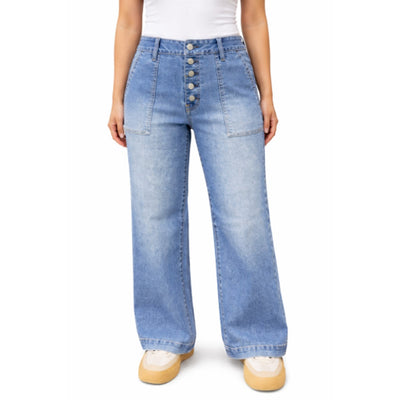 1822 Denim - Womens Petite 28" Utility Wide Leg with Exposed Button Fly