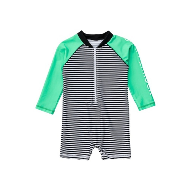 Snapper Rock - Kids Green Black Stripe Sustainable Long Sleeve Sunsuit