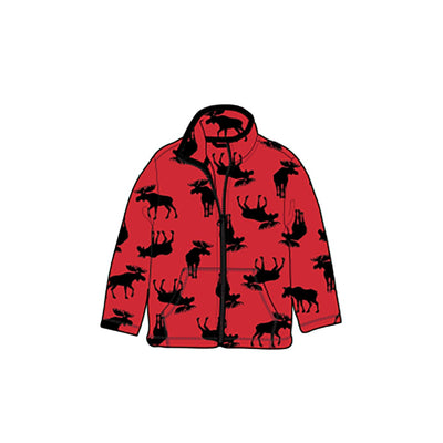 Little Blue House - Moose on Red Kids Fleece Zip Up Jacket