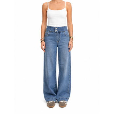 1822 Denim - Womens Petite 28" Wide Leg Jean Double Button