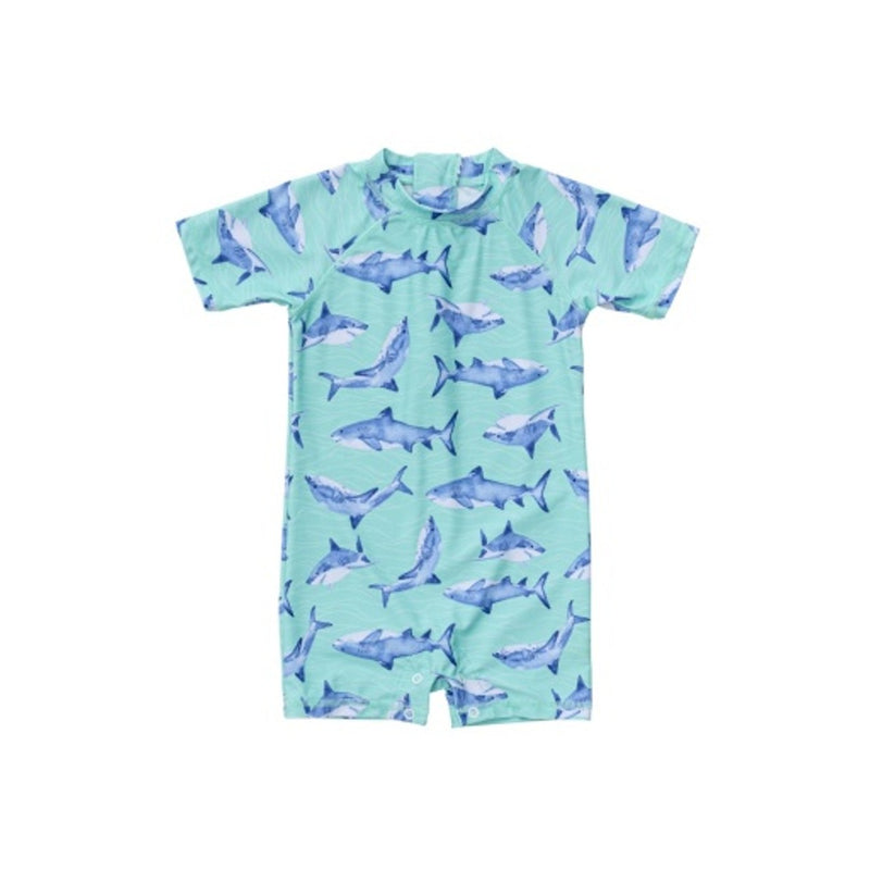 Snapper Rock - Kids Minty Shark Short Sleeve Sunsuit