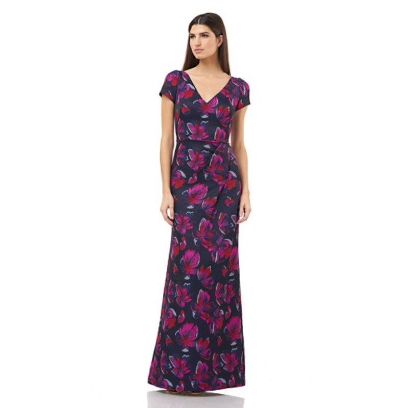 JS Collections - Womens Jacquard V-Neck Draped Gown