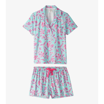 Little Blue House - Unisex Turquoise Batik Flowers Button Down Short Pj Set I