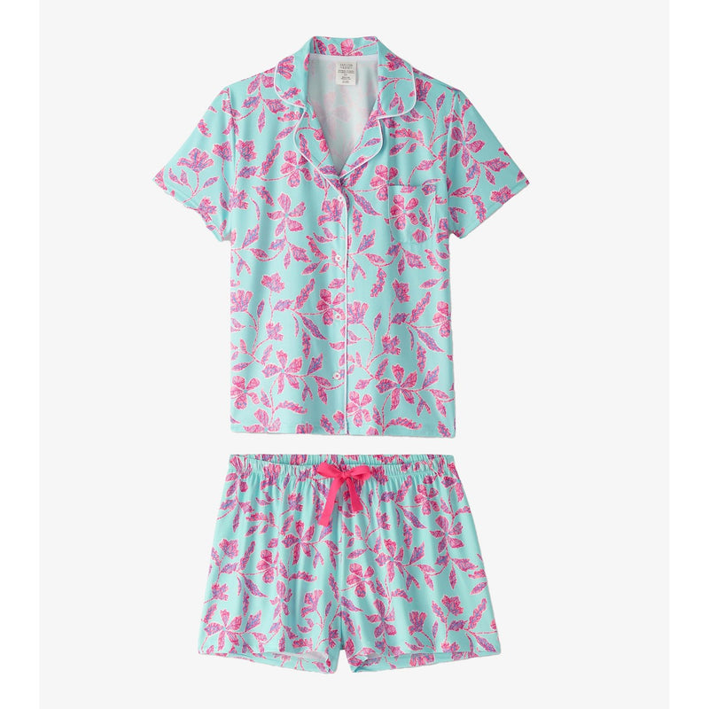 Little Blue House - Unisex Turquoise Batik Flowers Button Down Short Pj Set I
