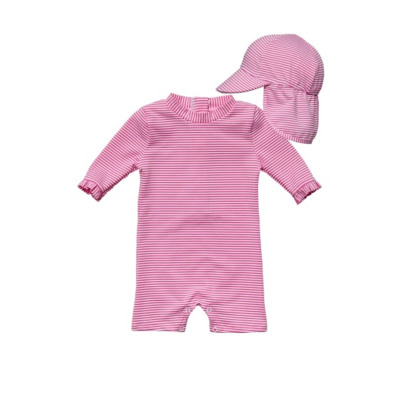 Snapper Rock - Girls Raspberry Stripe Flap Hat and Sunsuit Set