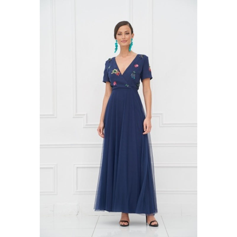 JS Collections - Womens Beaded Crepe Surplice Gown
