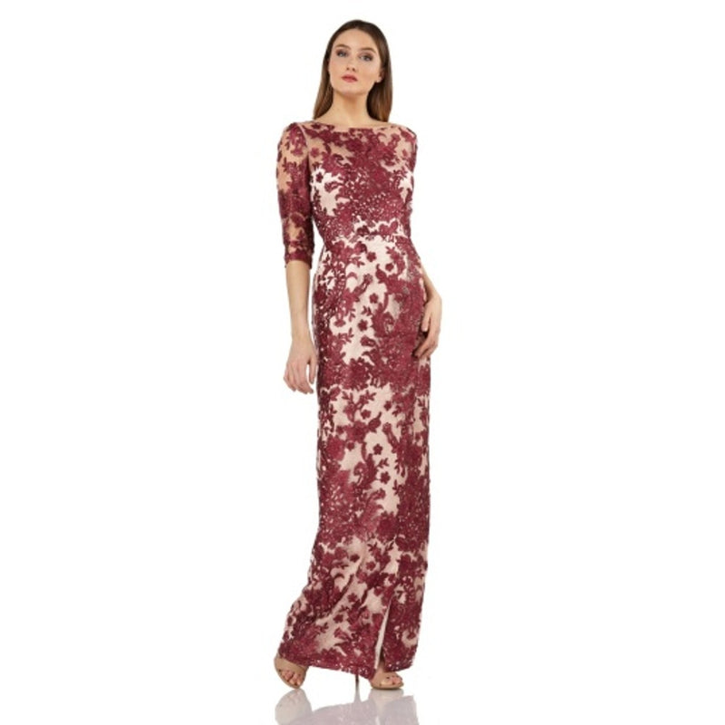 JS Collections - Womens Embroidered Lace Skirt Gown with Ilusion Neckline and Sleev