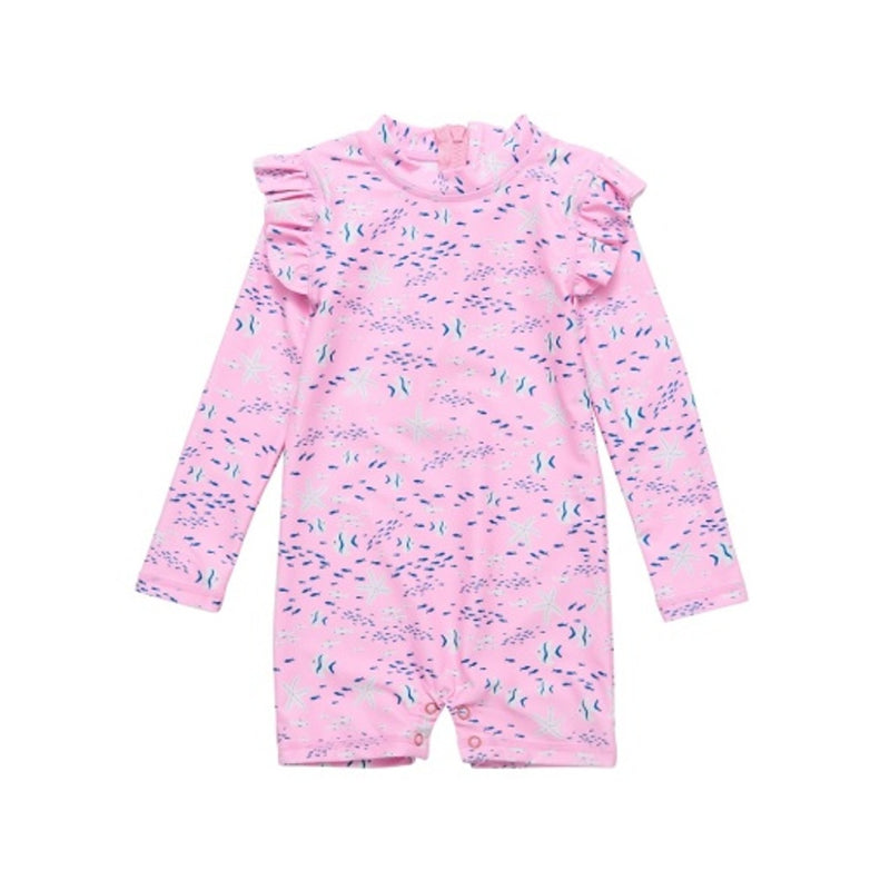Snapper Rock - Girls Pink Sea Long Sleeve Sunsuit