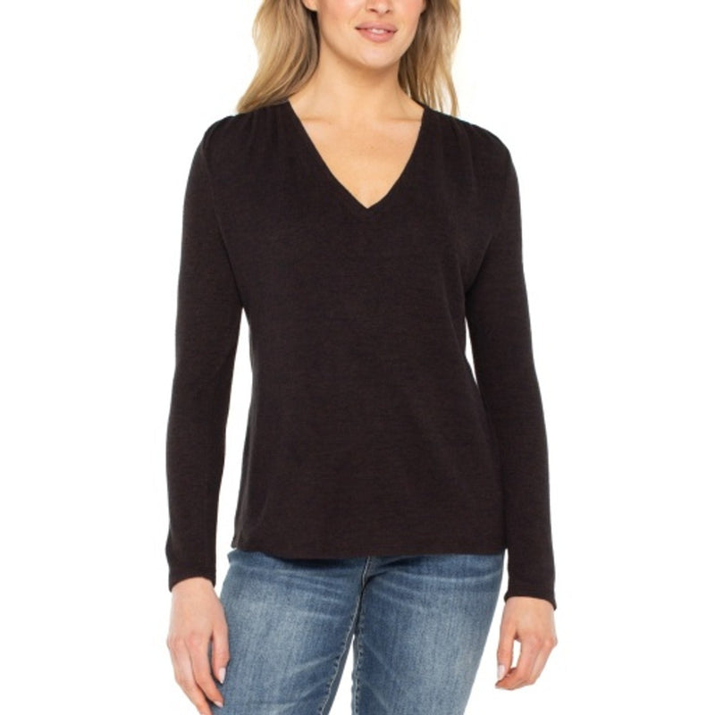 Liverpool Los Angeles - Womens Long Slv Vneck Knit Top with Shirring