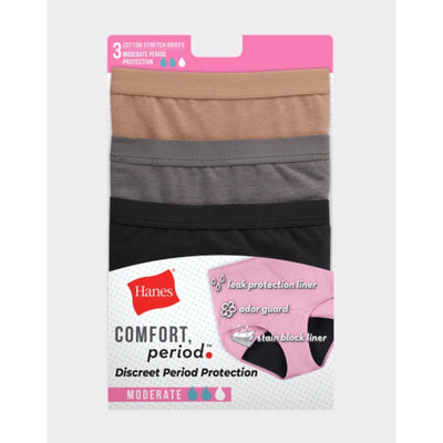 Hanes - Womens Comfort Period. Women's Brief Period Underwear Moderate Leaks Neutrals 3-Pack