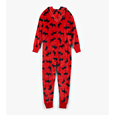 Little Blue House - Unisex Moose on Red Adult Hooded Fleece Jumpsuit
