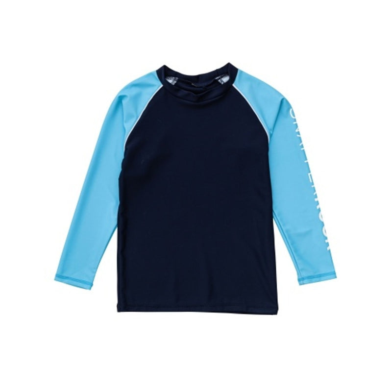 Snapper Rock - Boys Navy Aqua Sleeve Sustainable Long Sleeve Rash Top