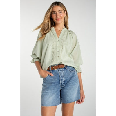 Liverpool Los Angeles - Womens 3/4 Slv Button Front Woven Top with Emb