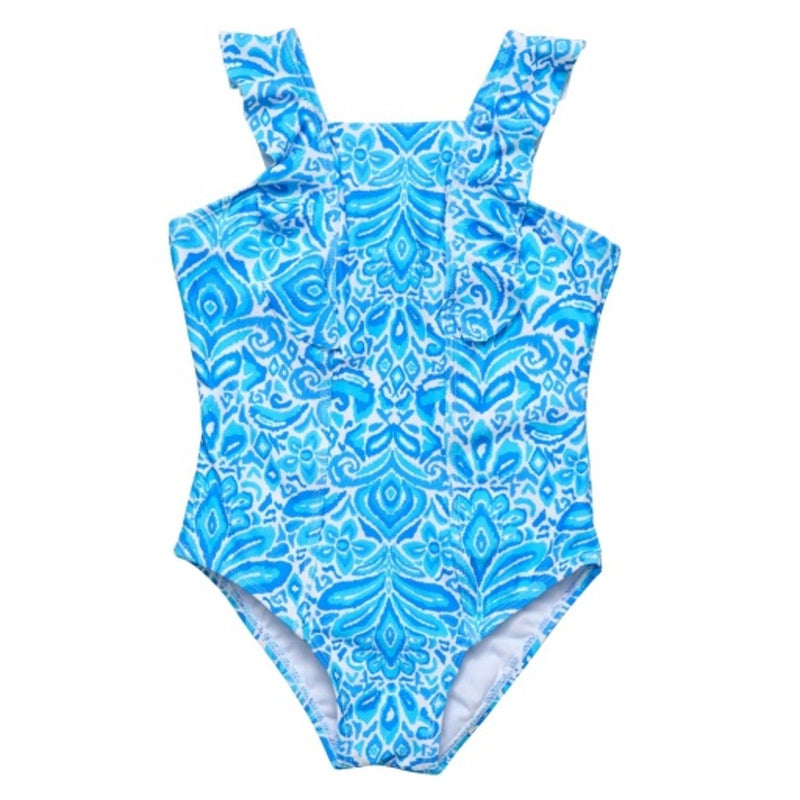 Snapper Rock - Girls Santorini Blue Ruffle Shoulder Swimsuit