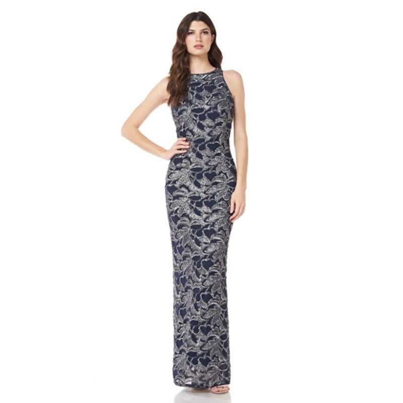 JS Collections - Womens Floral Sequin Halter Column