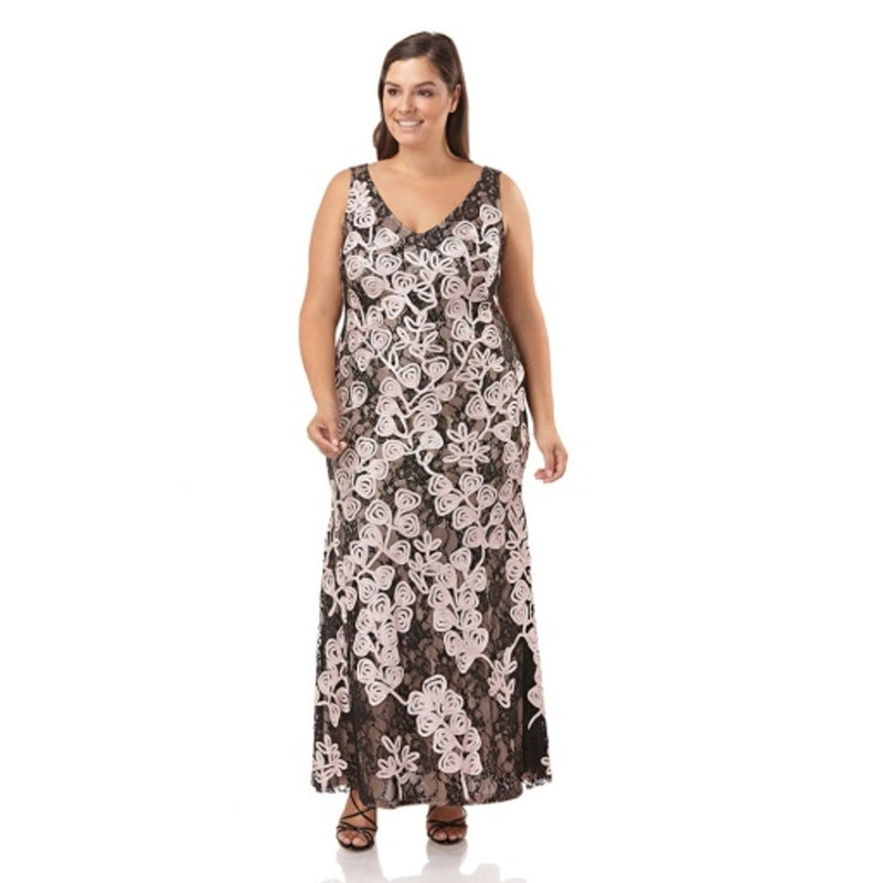 JS Collections - Womens Embroidered V-Neck Lace Gown
