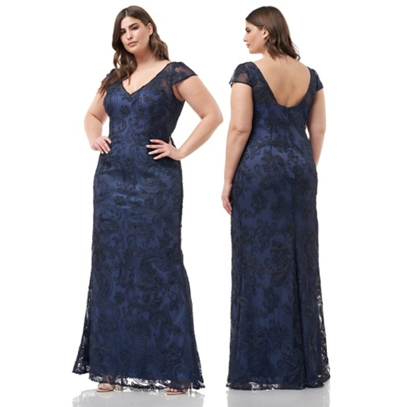 JS Collections - Womens Soutache Embroidery V Neck Gown with Illusion Neckline and C