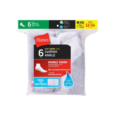 Hanes - Mens Double Tough Men's Big & Tall Ankle Socks Shoe Sizes 12-14 6-Pairs