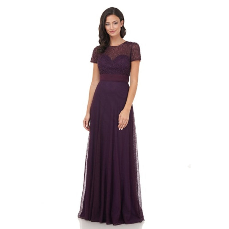 JS Collections - Womens Beaded Bodice Ss Chiffon Gown
