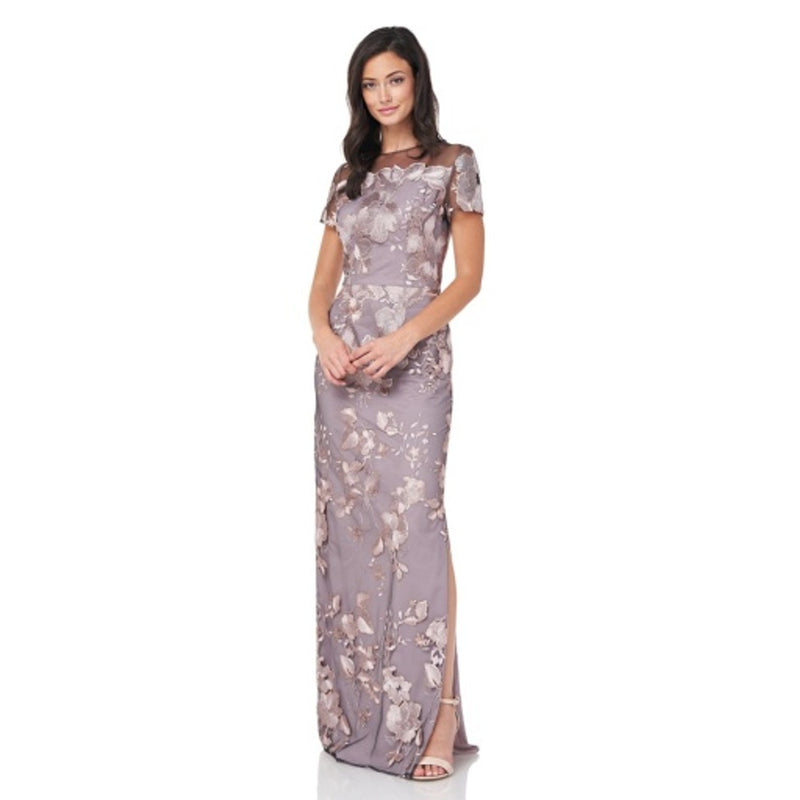 JS Collections - Womens Embroidered Illusion Yoke Gown