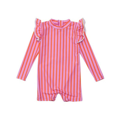 Snapper Rock - Girls Stripy Sunset Sustainable Long Sleeve Sunsuit