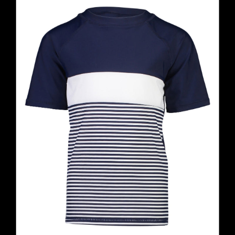 Snapper Rock - Boys Navy White Stripe Block Short Sleeve Rash Top