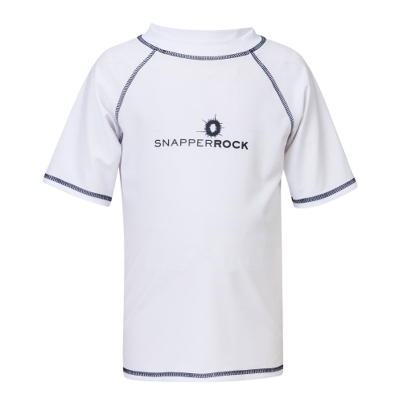 Snapper Rock - Boys Short Sleeve Uv50 Swim Shirt-White with Navy