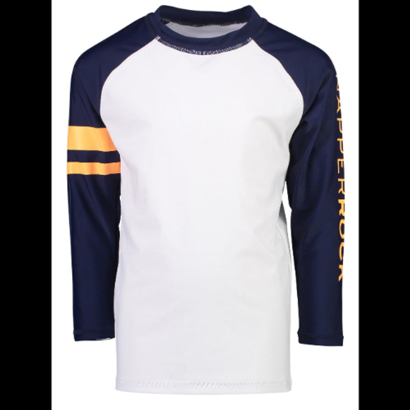 Snapper Rock - Boys White Navy Long Sleeve Orange Arm Band Rash Top