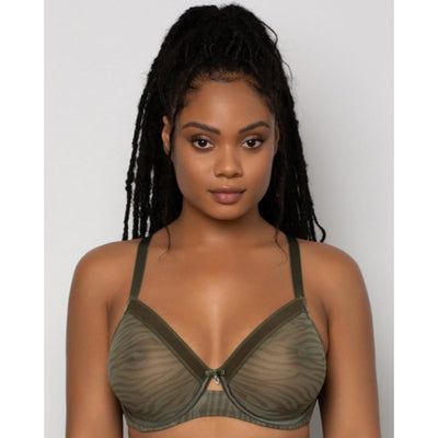 Ariela - Womens Sheer Mesh Full Coverage Unlined Underwire Bra - Olive Waves
