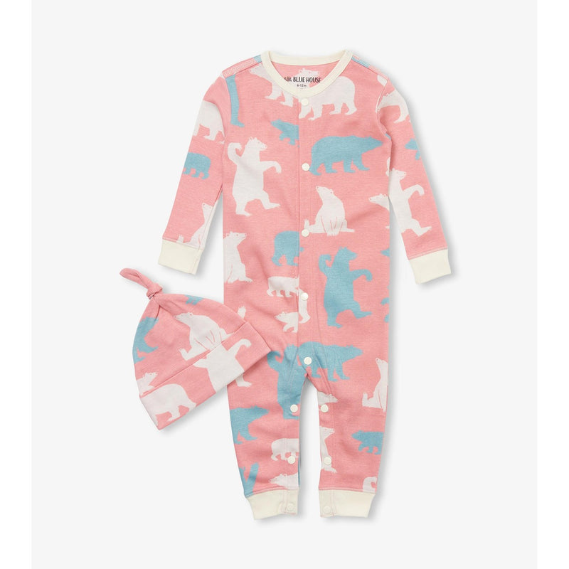 Little Blue House - Pink Polar Bears Baby Coverall & Hat