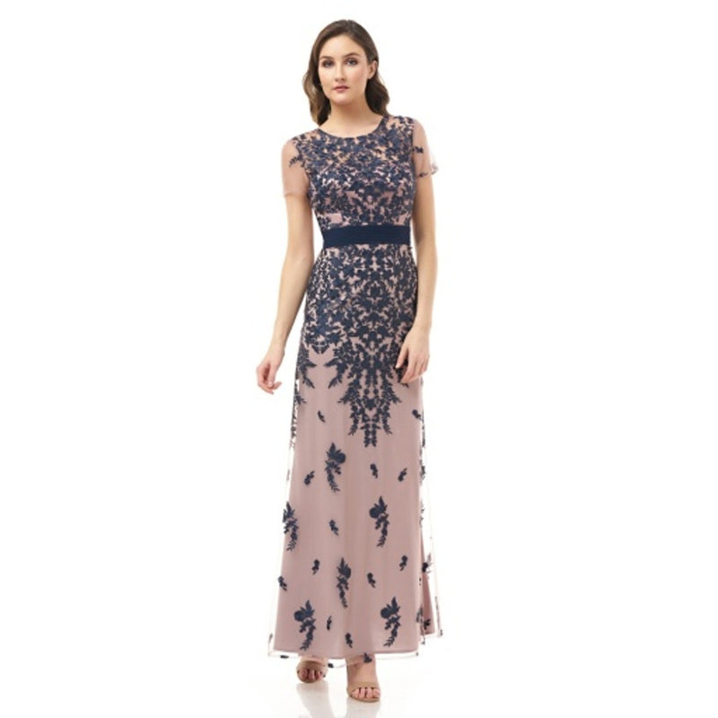 JS Collections - Womens Embroidered Illusion Ss Gown