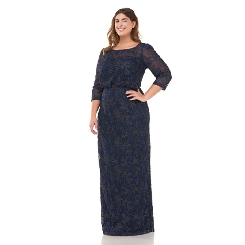 JS Collections - Womens Metallic Soutache Blouson, Illusion Yoke 3/4 Sleeve Gown with