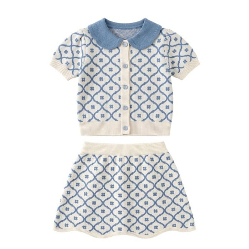 Hope & Henry - Girls Organic Short Sleeve Cardigan and Skirt Sweater Set