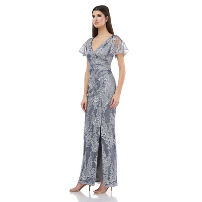 JS Collections - Womens Surplice Metallic Lace Gown