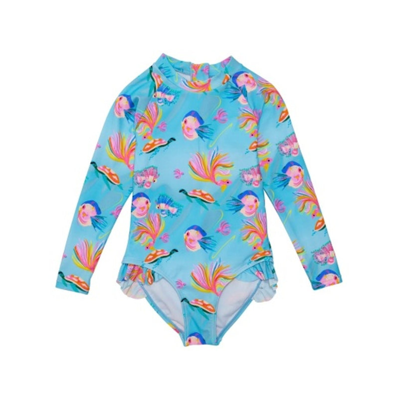 Snapper Rock - Girls Kaleido Fish Sustainable Leg Frill Surf Suit