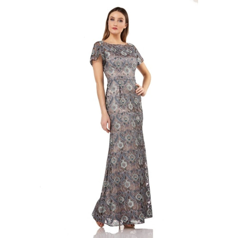 JS Collections - Womens Embroidered Illusion Slv Gown