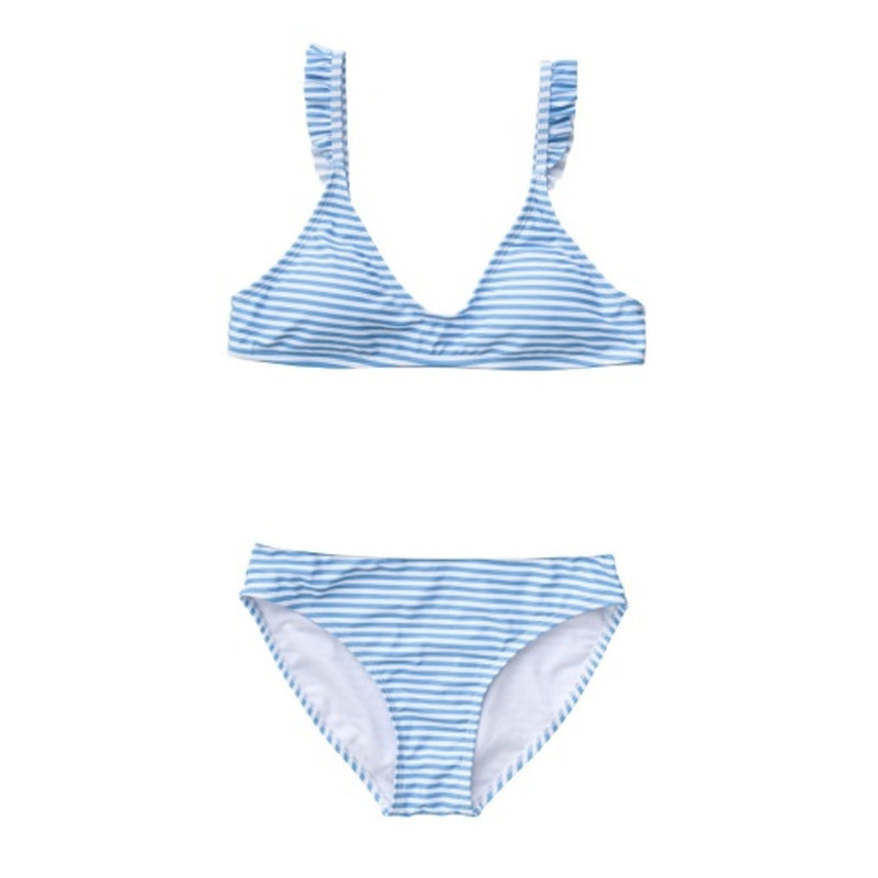 Snapper Rock - Girls Powder Blue Sustainable Stripe Frilled Bikini